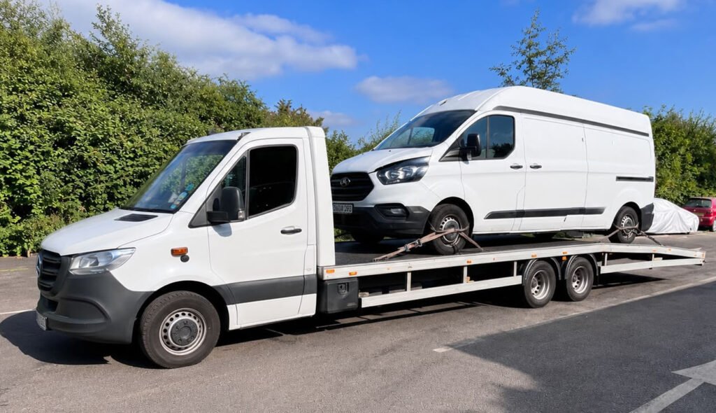 White van being transported on a flatbed recovery truck fo roadside breakdown recovery